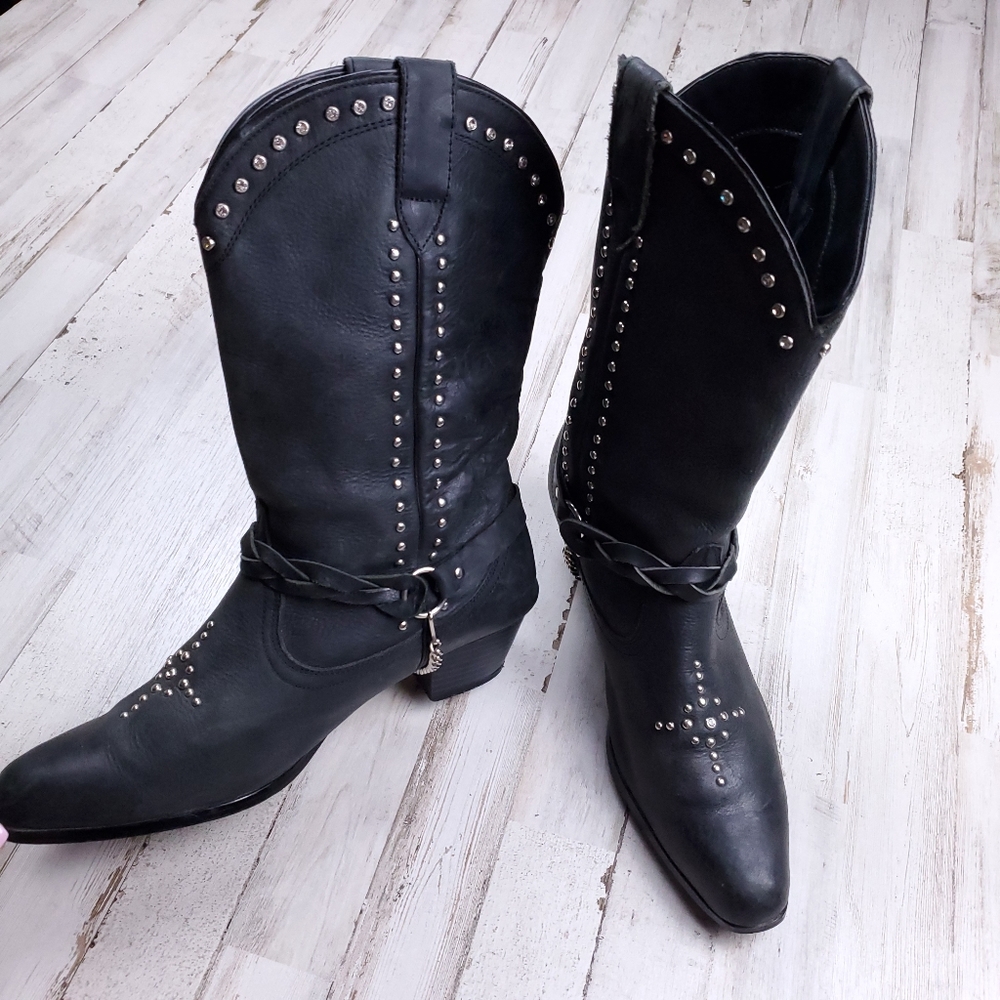 Black Leather Studded Cowgirl Boots